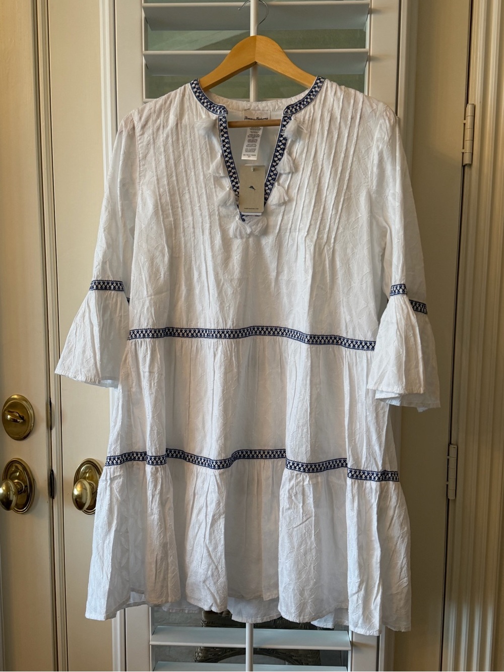 Tommy Bahama White Cotton Tunic/swimsuit cover with Navy Trim